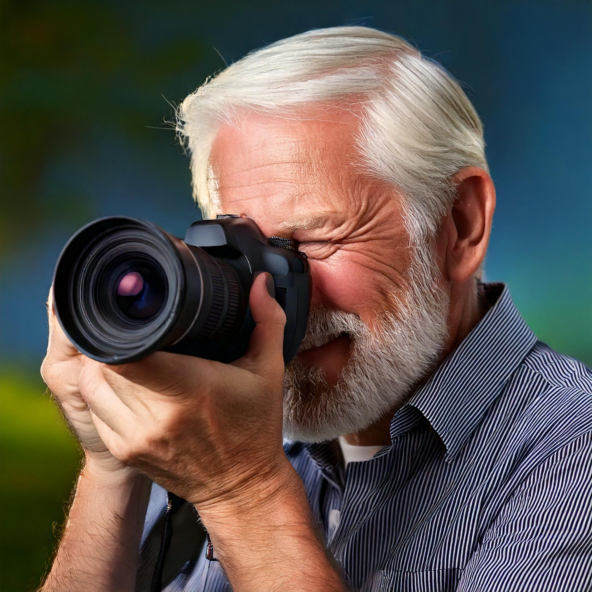 A man in his sixties looking through a professional camera with a long zoom lens.