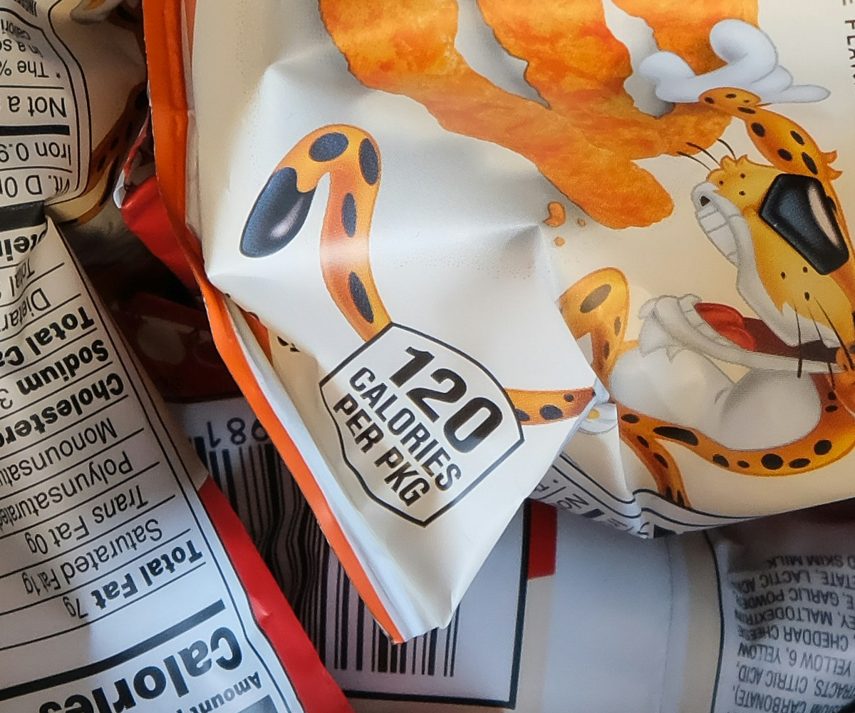 A package of snacks that reads '120 calories.'