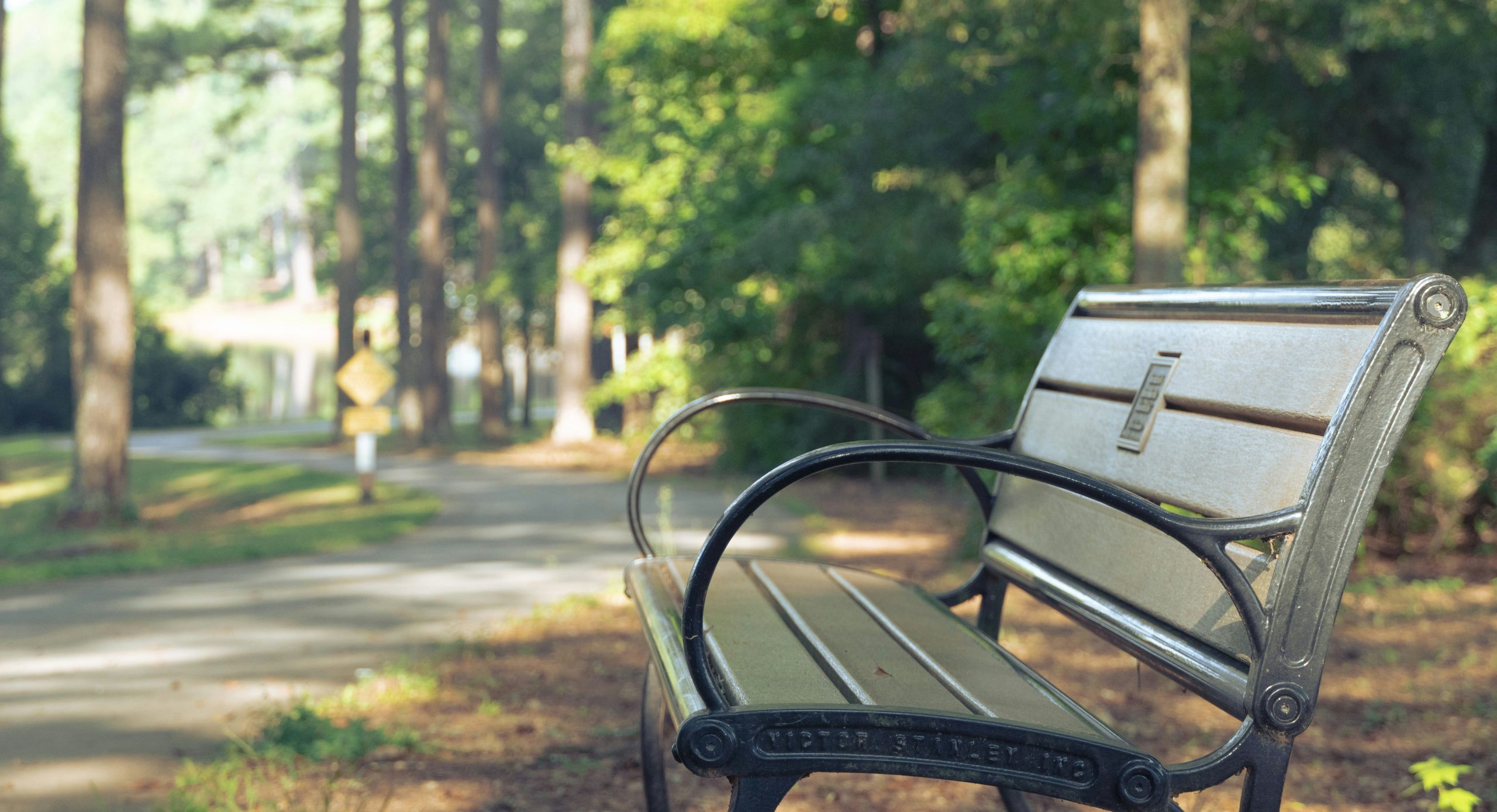 A park bench near a park trail.