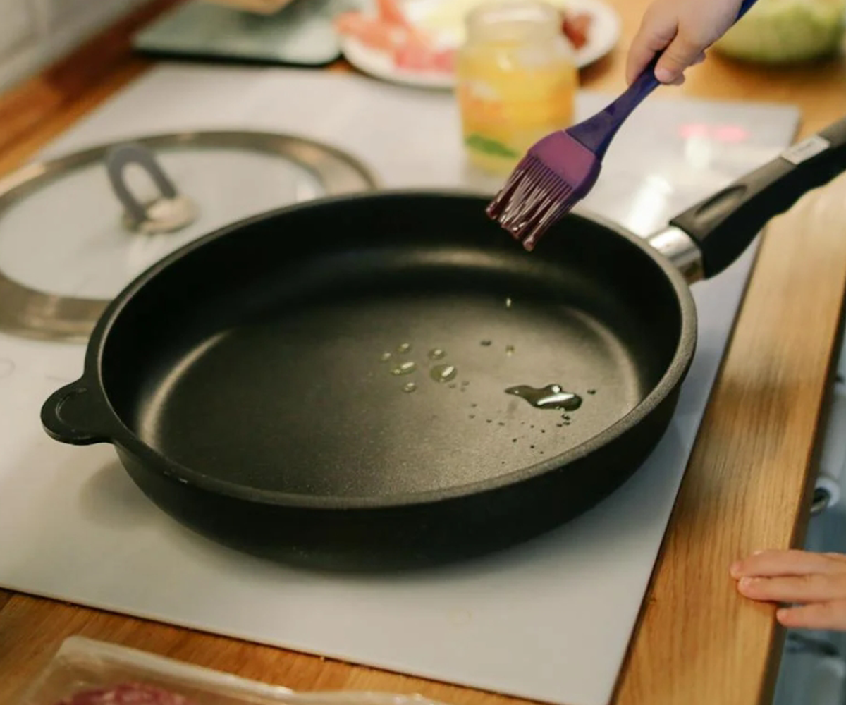 A frying pan on a stovetop.