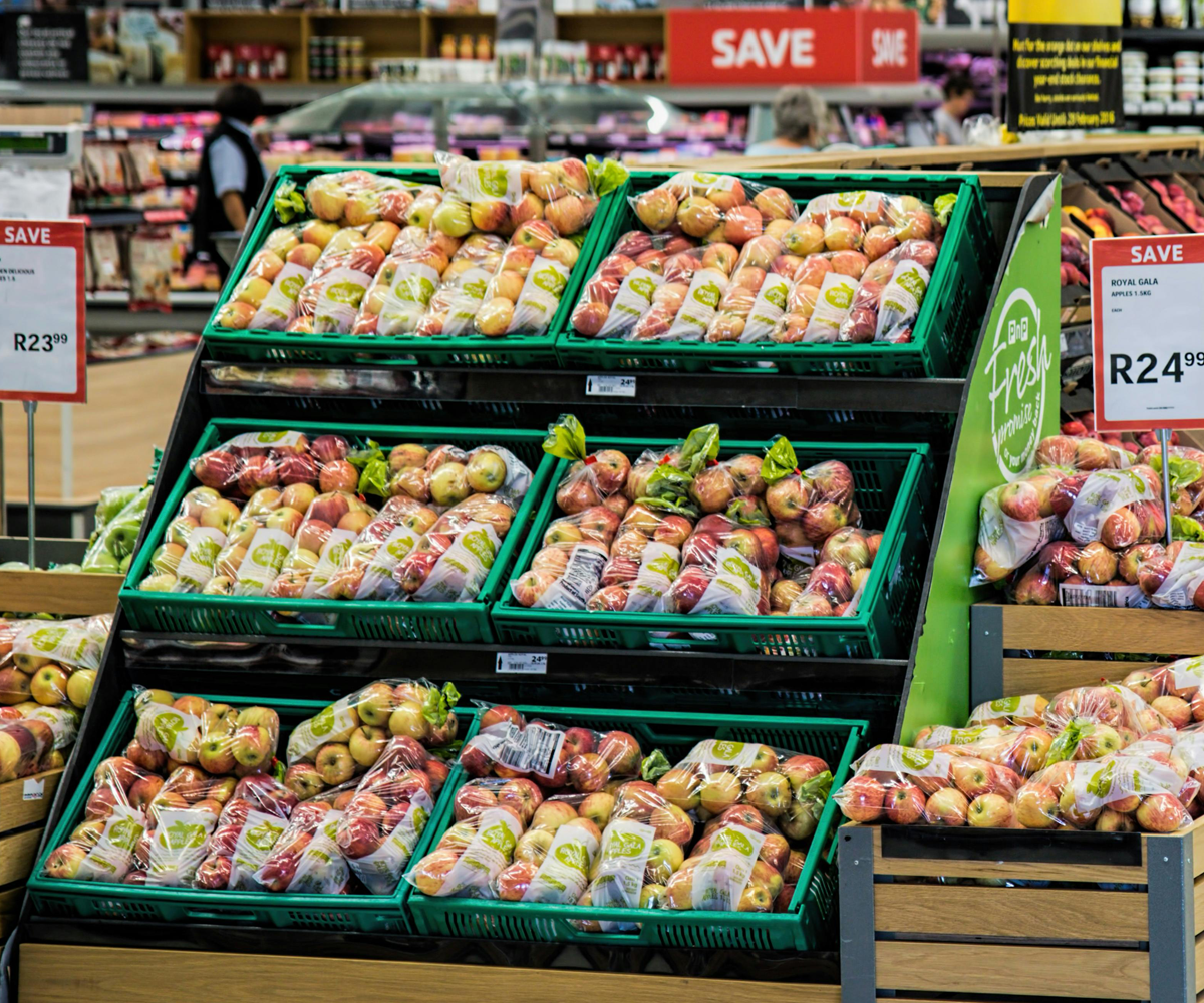 A display of produce in a grocery store.
