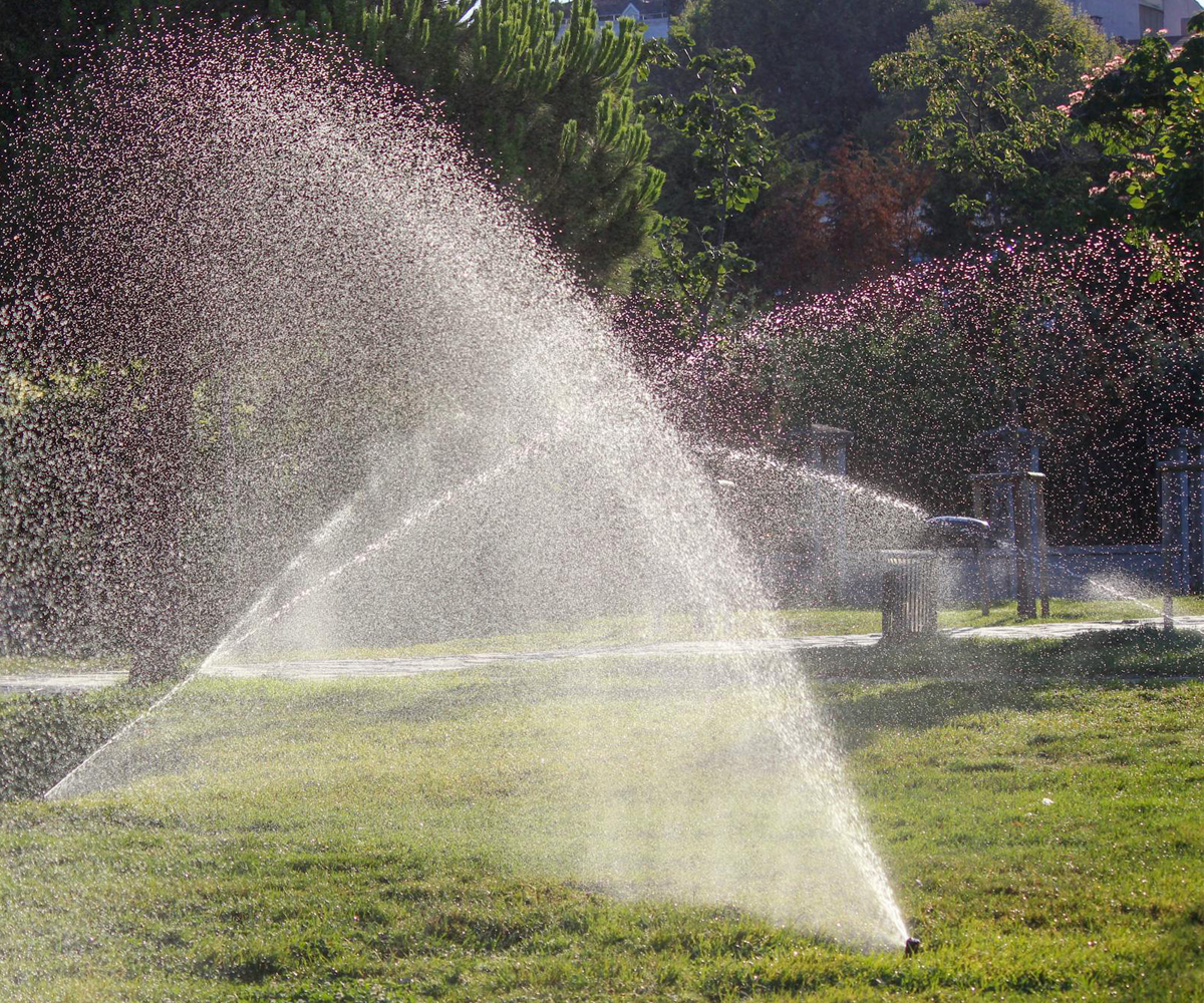 Several sprinklers spraying water onto grass.