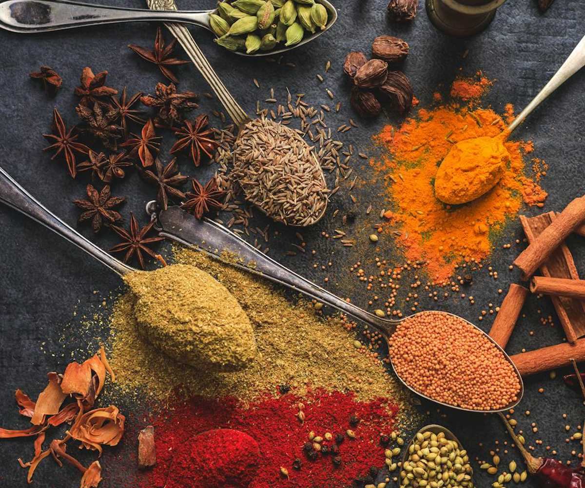 An assortment of spices on a kitchen counter.