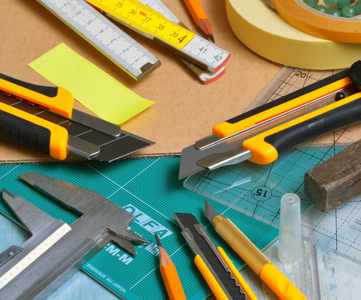 A variety of tools on a desk.