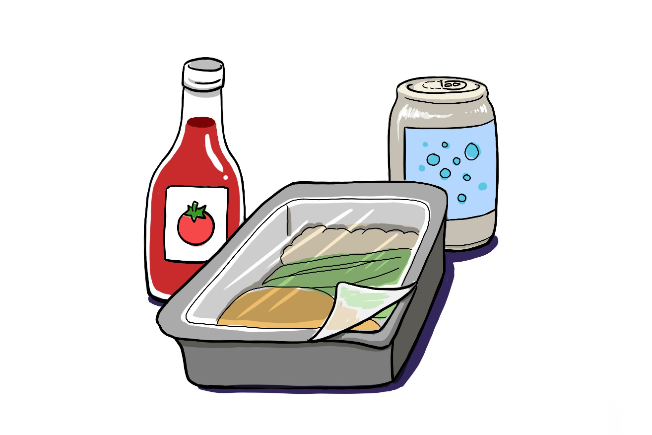 Image showing 3 different processed foods: a condiment, a pre-packaged meal, and a soft drink.