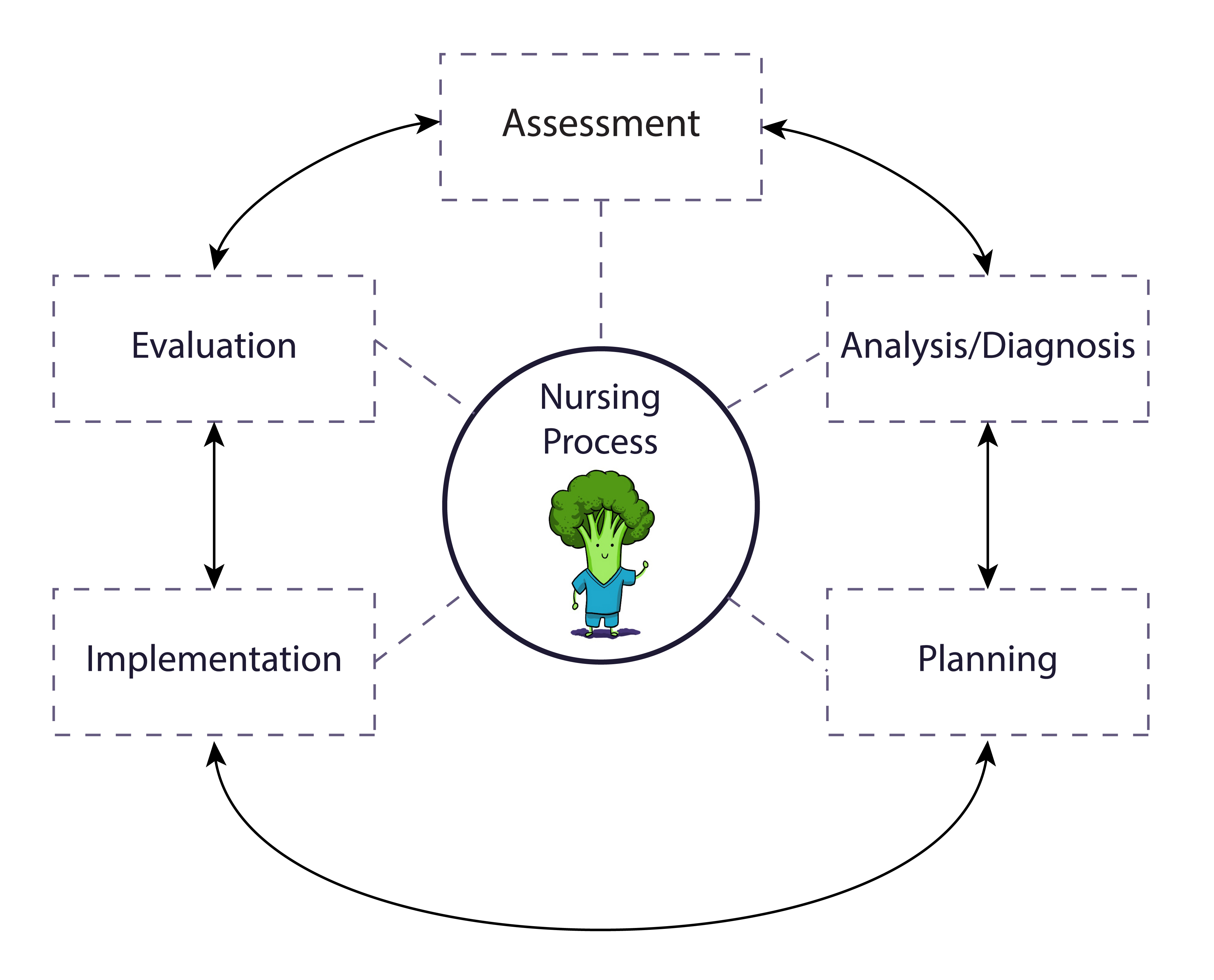 The nursing process, moving in a cycle that covers: analysis/diagnosis, planning, implementation, evaluation, and assessment