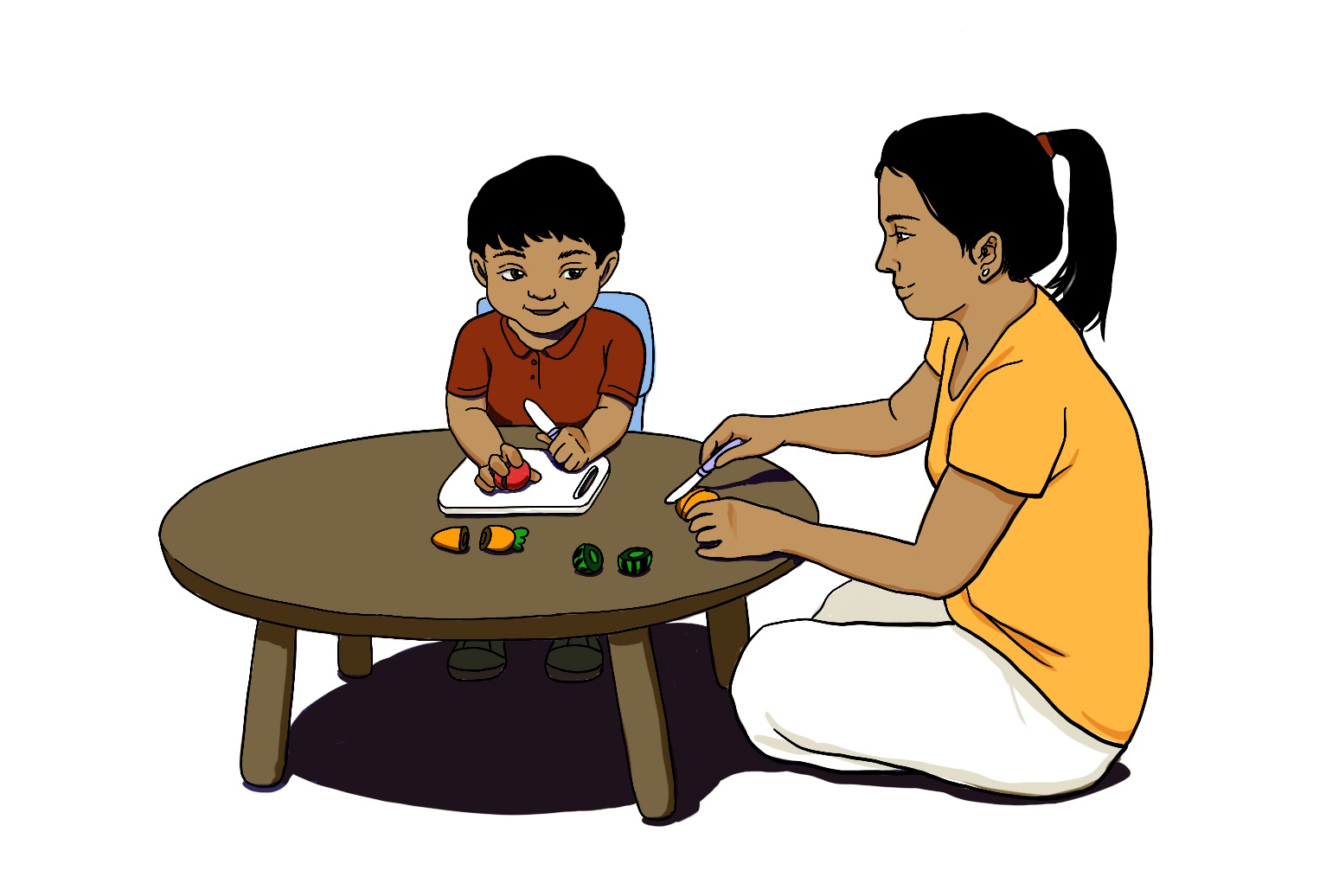 Mother cutting vegetables with young child using child-friendly utensils.