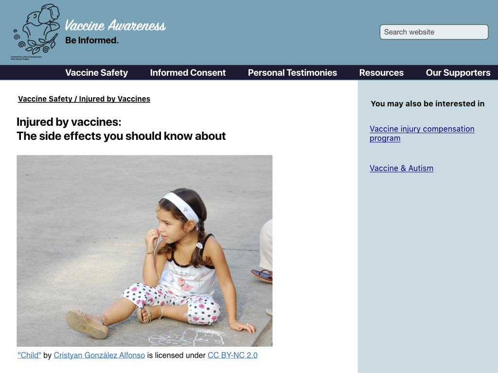 A mock page of an anti-vaccination website