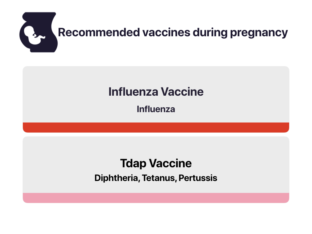 A list of the recommended vaccines during pregnancy and what they protect against. There are two vaccinations listed on the diagram, arranged in a vertical list. In order they are: influenza vaccine to protect against influenza viruses and the Tdap vaccine to protect against Diphtheria, Tetanus, Pertussis.