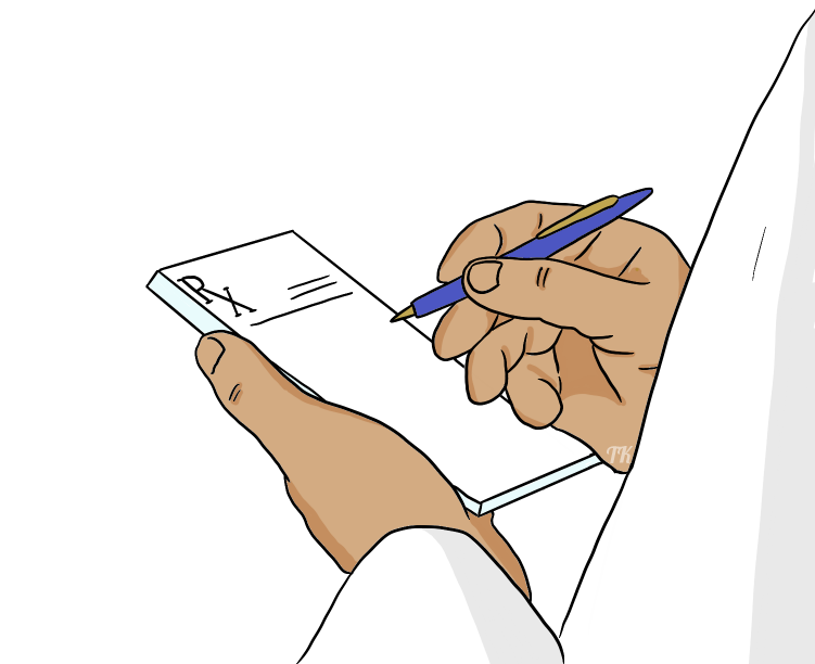A healthcare professional’s hands writing on a prescription pad.