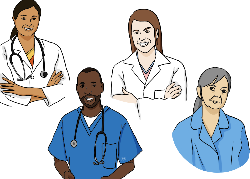 A female doctor, male nurse, transgender female pharmacist, and female midwife. A doctor, nurse, pharmacist and midwife.