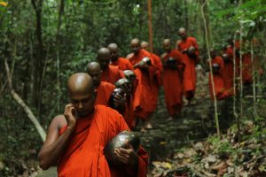 A line of Buddhist monks walk through a treed path in orange robes and carrying what appears to be Tibetan singing bowls. Their faces all gaze toward the ground in front of them.