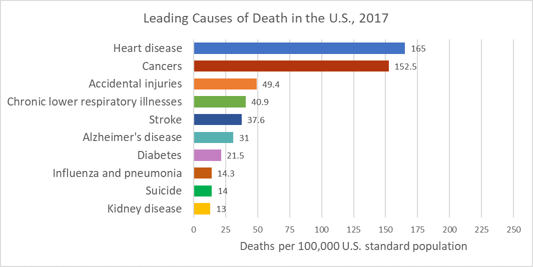 Depicting causes of death in the U.S. from 2017, this graph shows heart disease at the top, followed by cancer, accidental injuries, respiratory illnesses, and 6 others with kidney disease at the bottom. This chart does not include homicide like the Canadian one, but suicide is slightly higher than kidney disease.