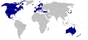 a map of the world depicts members of the Organization for Economic Co-operation and Development (OECD) in blue.
