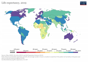 A map of life expectancy around the world in 2019. Click on the map or the link to bring you to an interactive version.