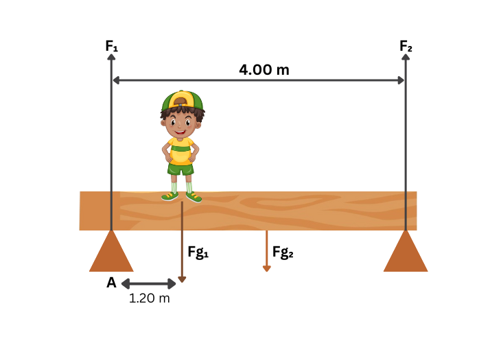 a wooden beam supported at two points, labeld A on the left and another support on the right. The beam spans 4.00 m between supports. A person is standing on the beam closer to the left support, with a downward force labeled Fg1. Another force Fg2 acts downward at a different location