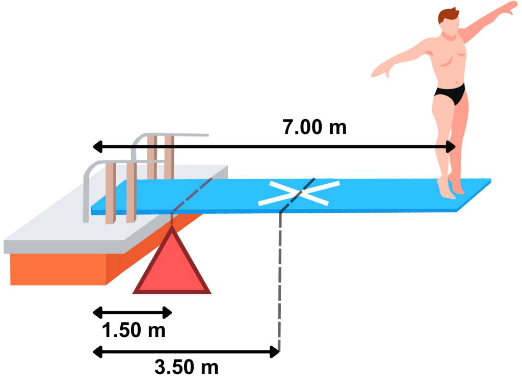 a 7.00 m long diving board supported at two points. One support is 1.50 m from the left end, while the other is 3.50 m from the left end. A diver stands at the far right end of the board