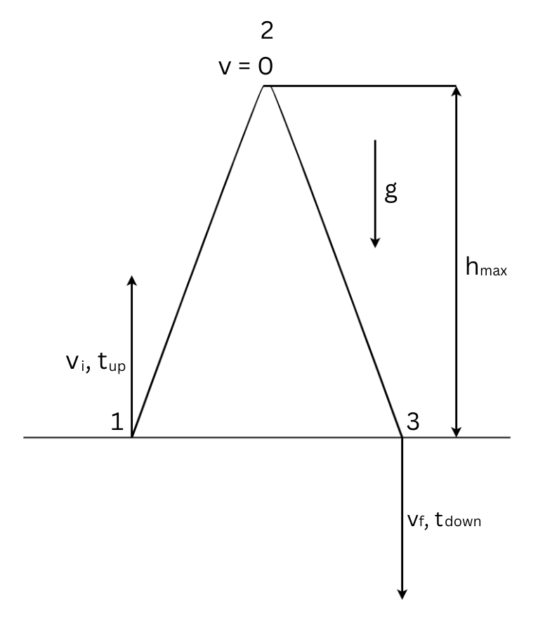 "A physics diagram showing a projectile motion trajectory, with points labeled 1 (start), 2 (peak), and 3 (end). Variables include initial velocity (vi), max height (hmax), gravity (g), and final velocity (vf)."