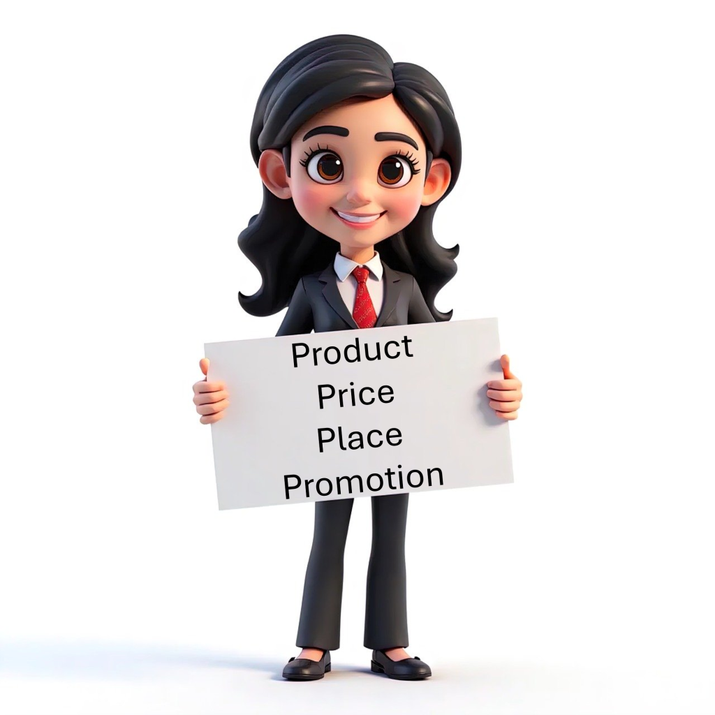 Women avatar holding sign showing Product, Price, Place, Promotion