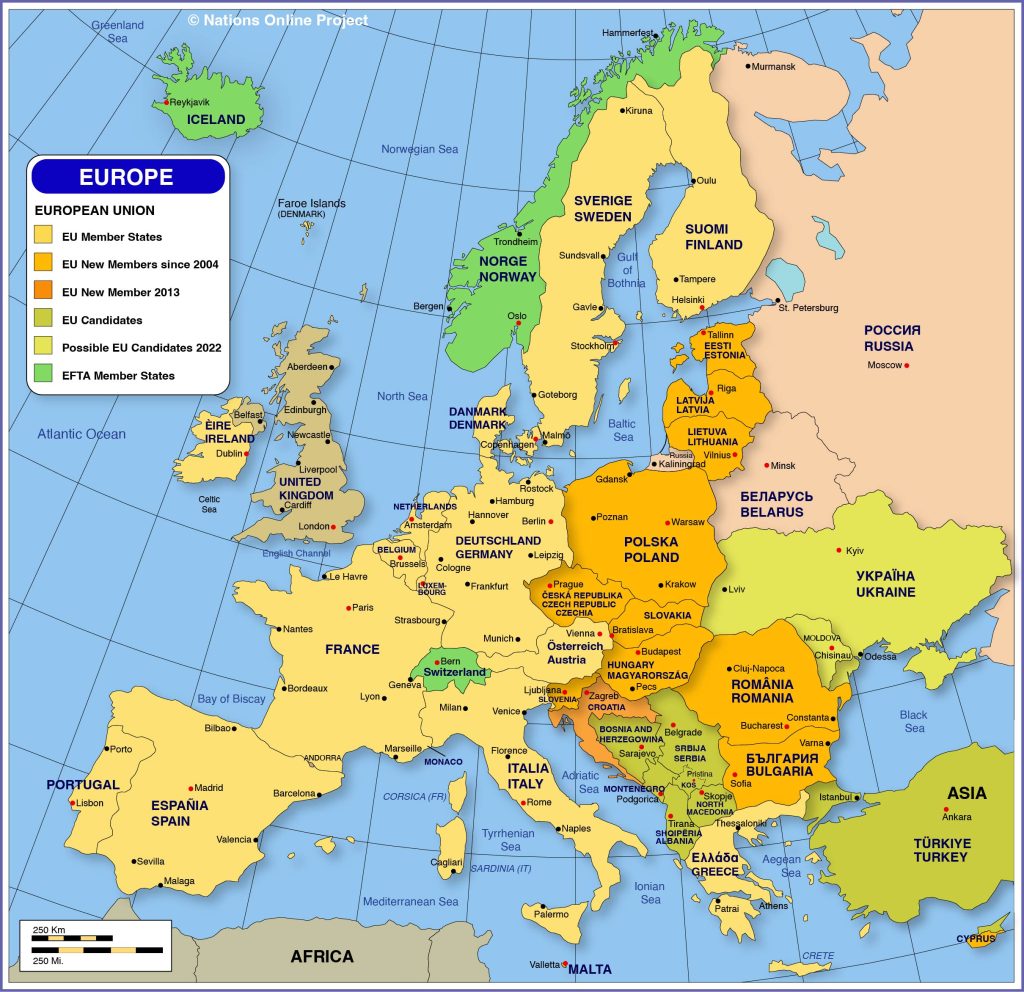 Map of European countries in the European union