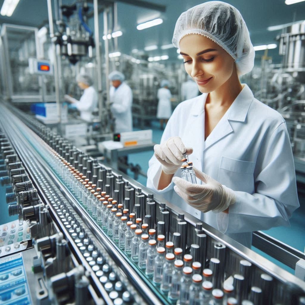 Factory worker assembling small bottles