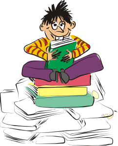 Cartoon person holding comic books