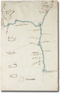 Map of a river on parchament, labelled and with primitive watercraft down the left hand side
