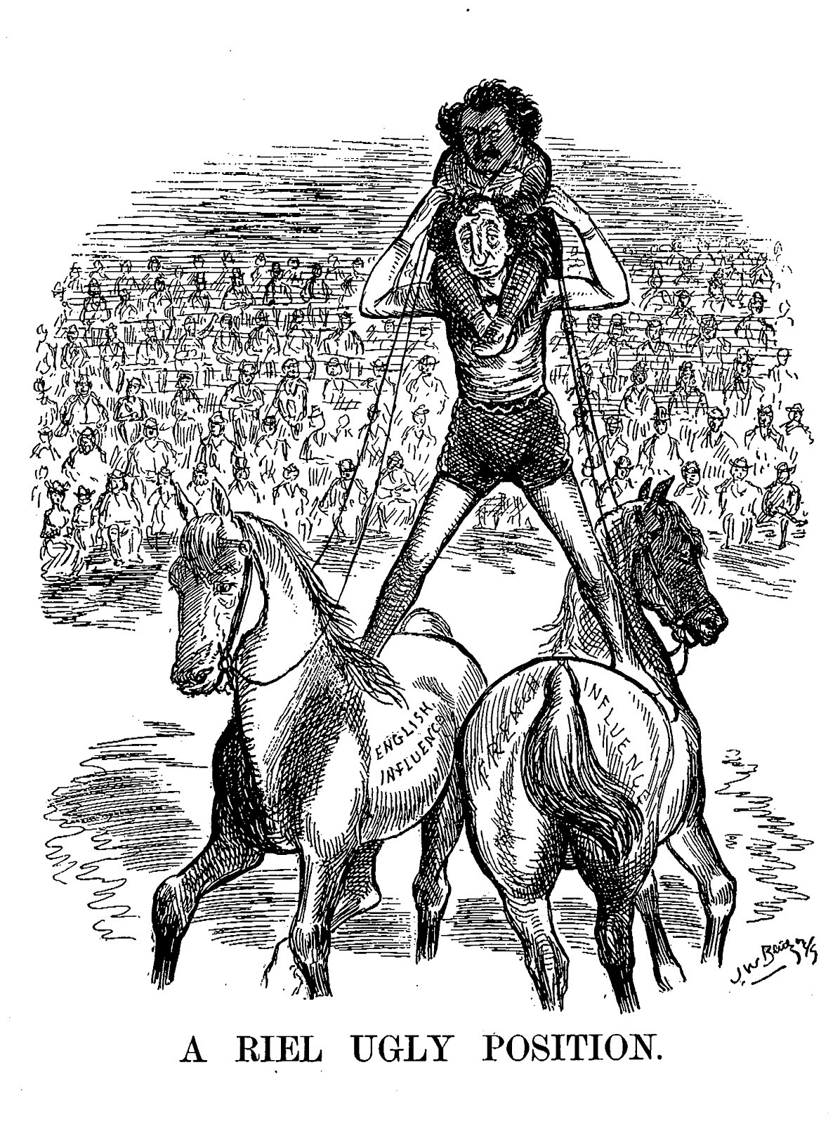 A cartoon of Louis Riel on the shoulders of a man straddli two horses in front of a crowd