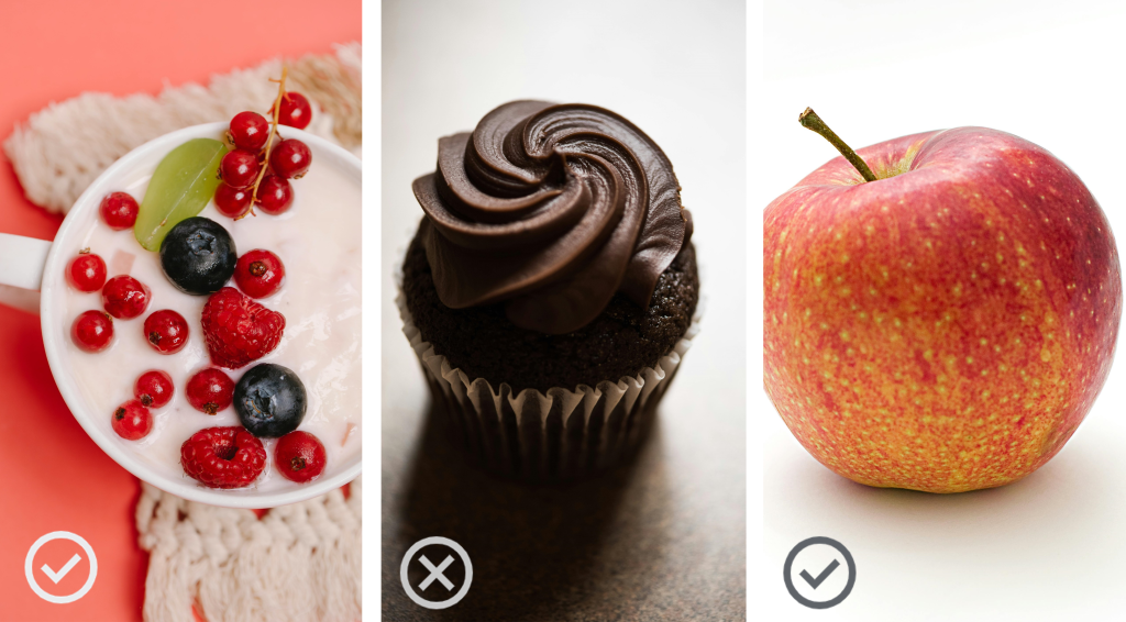 Yogurt and berries (good), chocolate cupcake (not good) and apple (good).