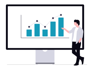 Illustration of a person presenting a financial bar graph