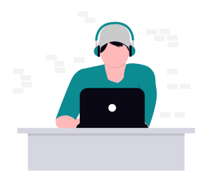 Illustration of a person using a laptop and headphones