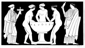 Black and white painting based on an Attic red figure vase. In the centre are three nude women bathing at a wash-basin while two attendants holding a plemochoe (left) and an alabastron (right) stand on either side.