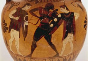 Two Amazonian women flank the male figure who carries a bow, believed to be the King Memnon