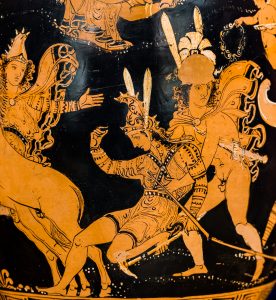 Painting on a ceramic vessel depicting a nude male figure (Achilles) holding a fallen women (Penthesilea), who has geometric pattern tattooes on her arms. Another tattooed woman reaches out from the left.