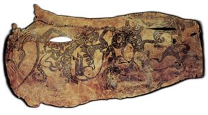 A section of mummified arm skin, depicting zoomorphic tattoos such as horses, tigers, and deer.4th century BCE tatoo artist.Photograph: unknown, Public domain, via Wikimedia Commons
