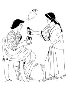 Black and white line drawing of two women buying and selling perfume.