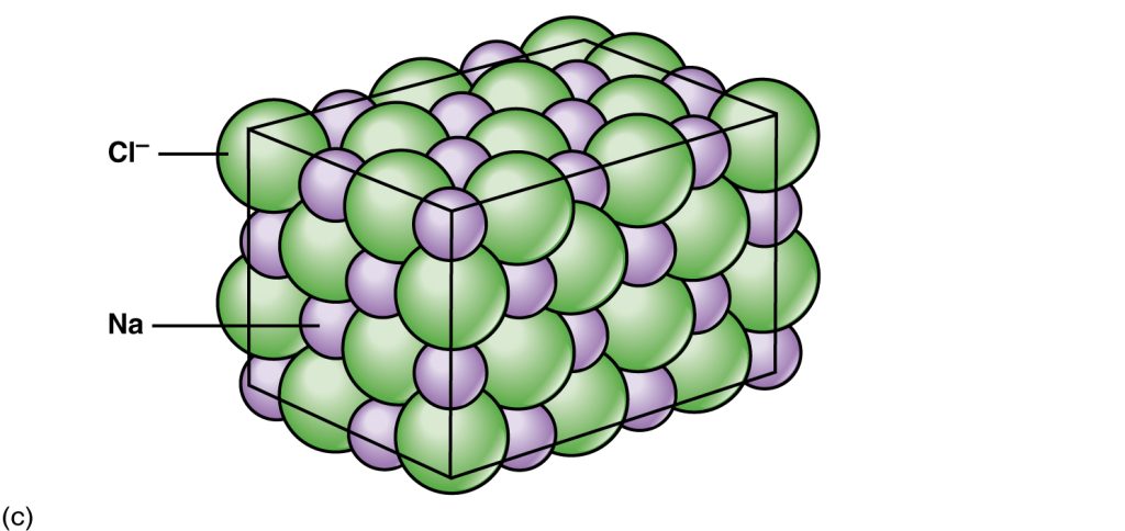 The arrangement of atoms in a salt crystal