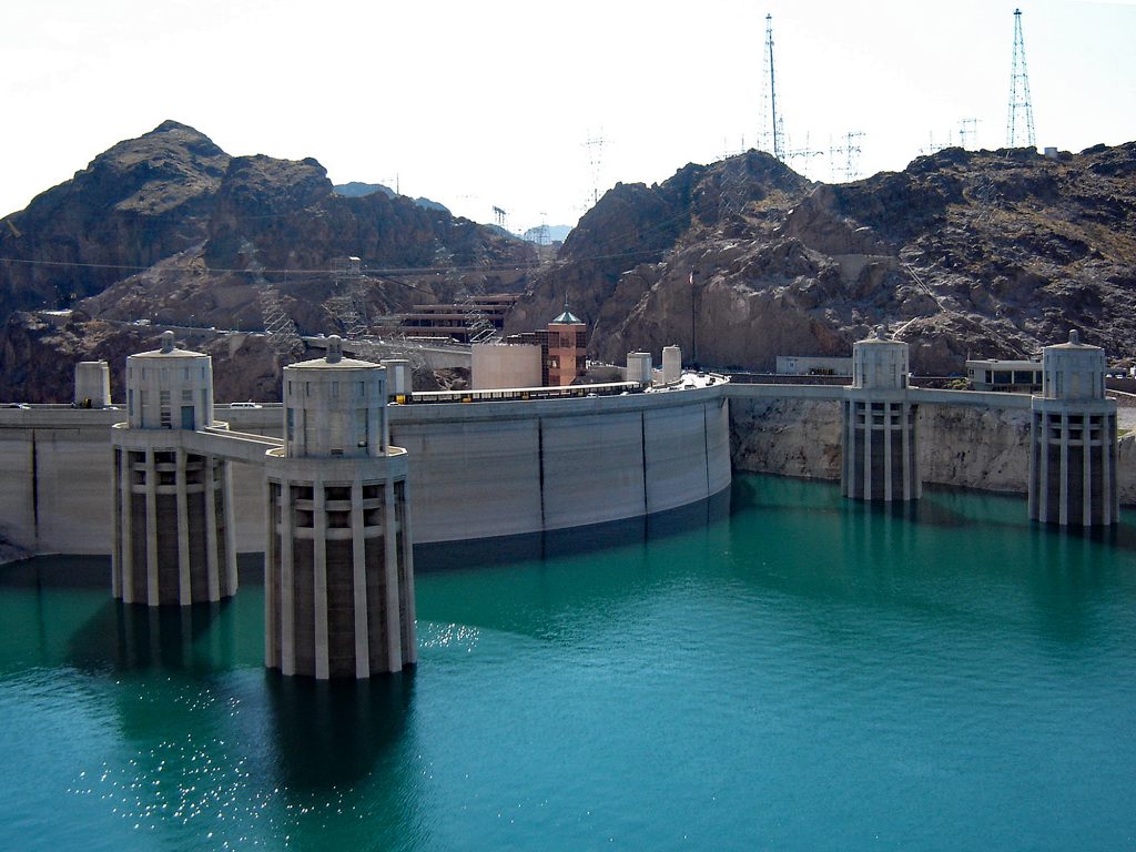 A daytime photograph of the Hoover Dam.