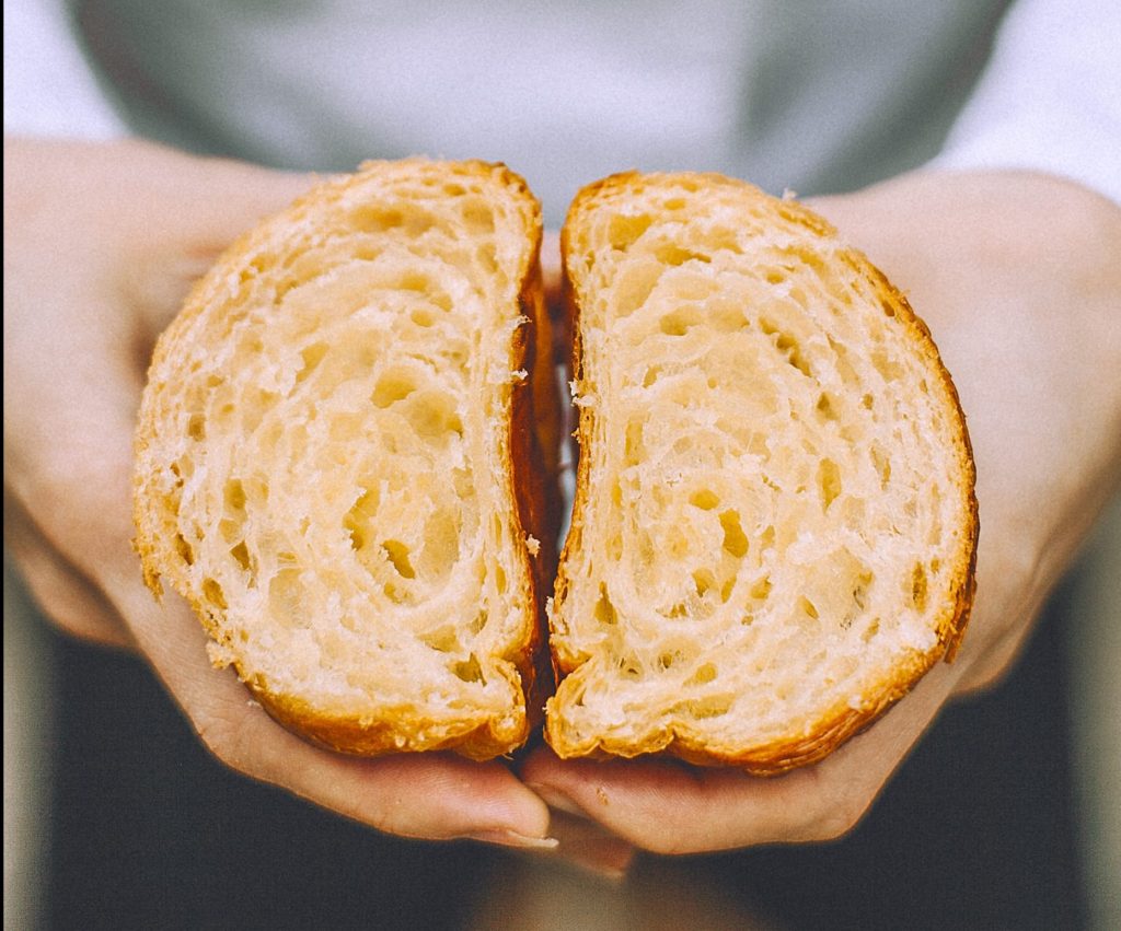 A loaf of bread cut in half.