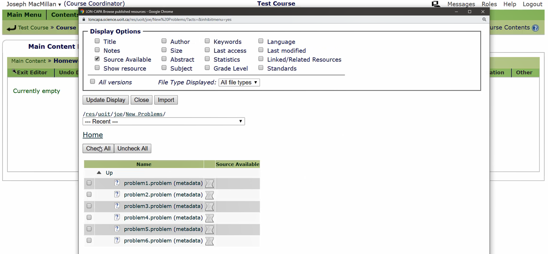 Figure 3: Browse resources and select problems you want to import into your course.