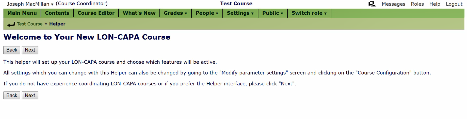 Figure 2: Setting up your new course in LON-CAPA.