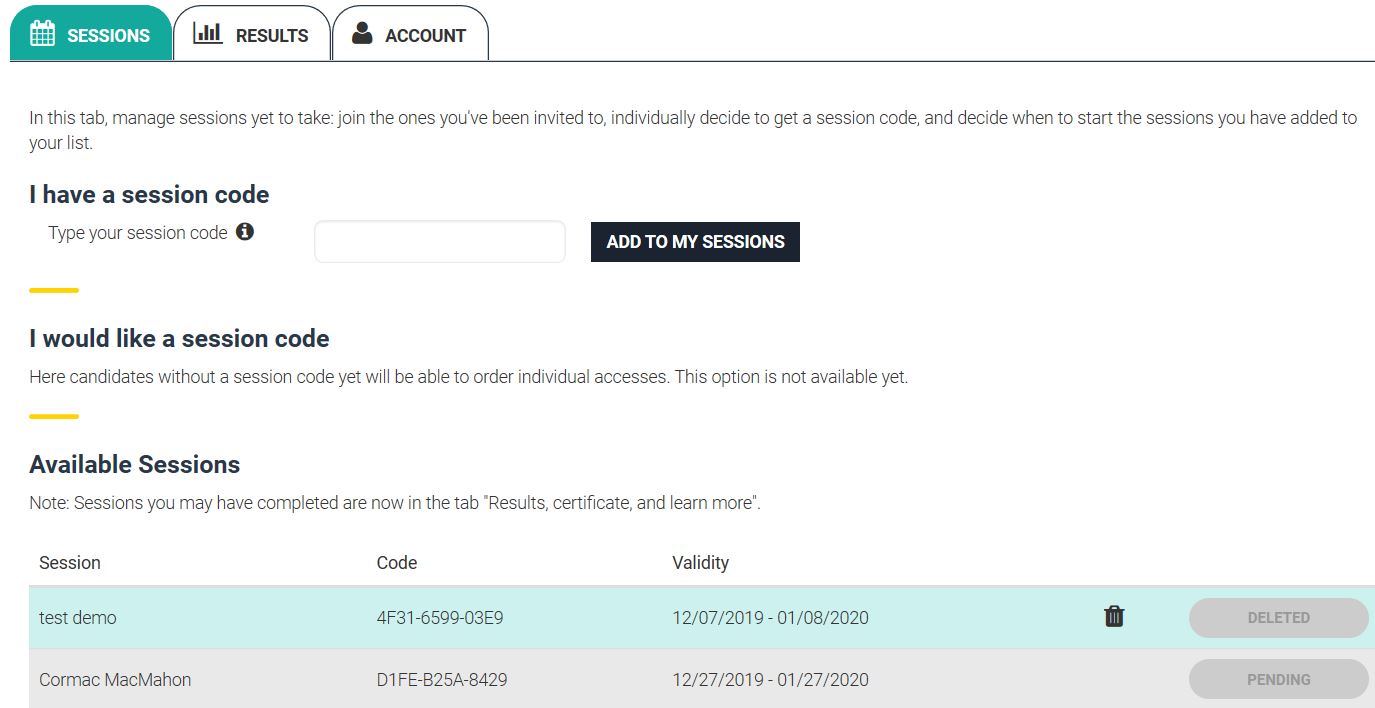 Figure 4: A Typical Student Interface - Sessions Tab