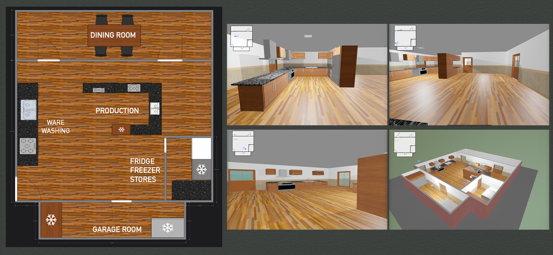 A depiction of a well laid out food service area designed to reduce cross contamination and increase efficiency.