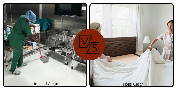 A person cleaning an OR & two people making a bed