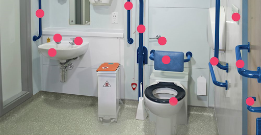 High-touch surfaces: sink, faucet, toilet seat & back,flush, light switch, hand holds