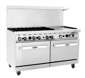 An cook range with burners and a griddle