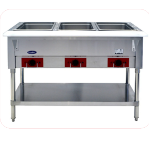 A steam table with space for 3 trays of food.