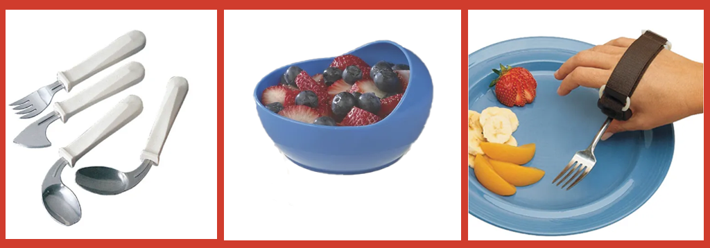 Cutlery with curves or a hand strap and a bowl with a dome