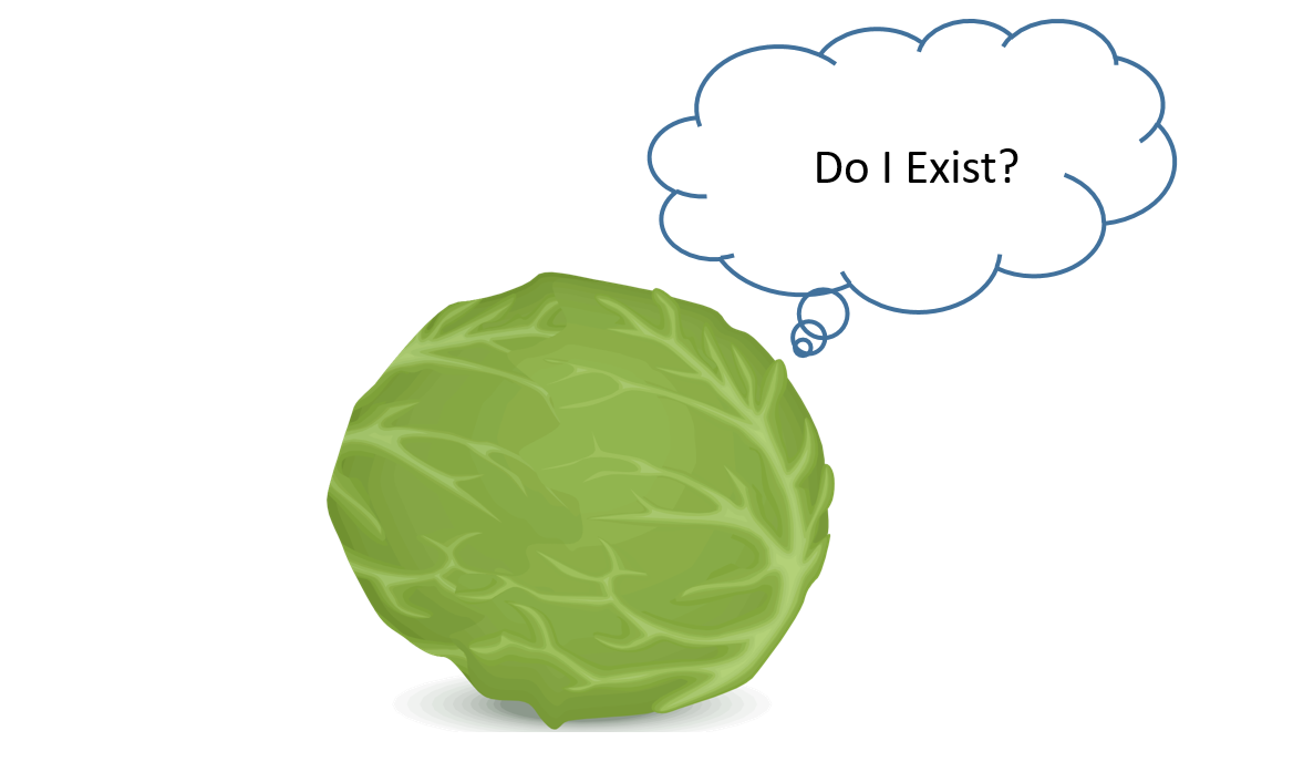 Head of lettuce with a thought cloud coming out of it that says Do I exist?