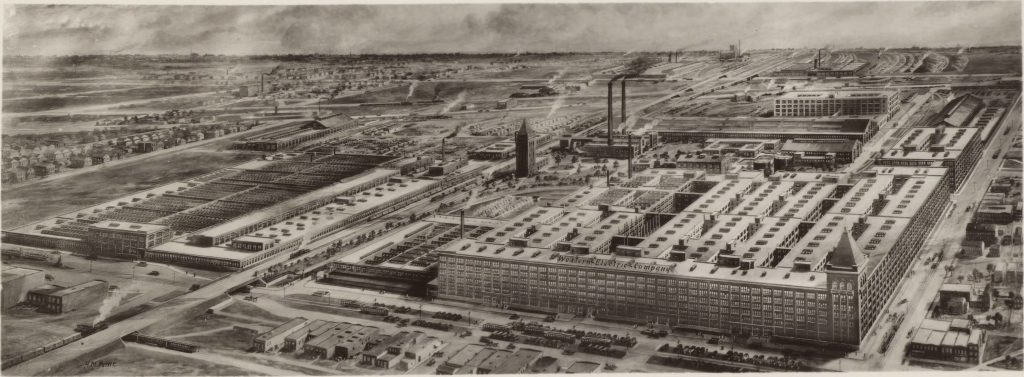 An artist's rendering of the Western Electric Company in Hawthorne, Illinois, 1925